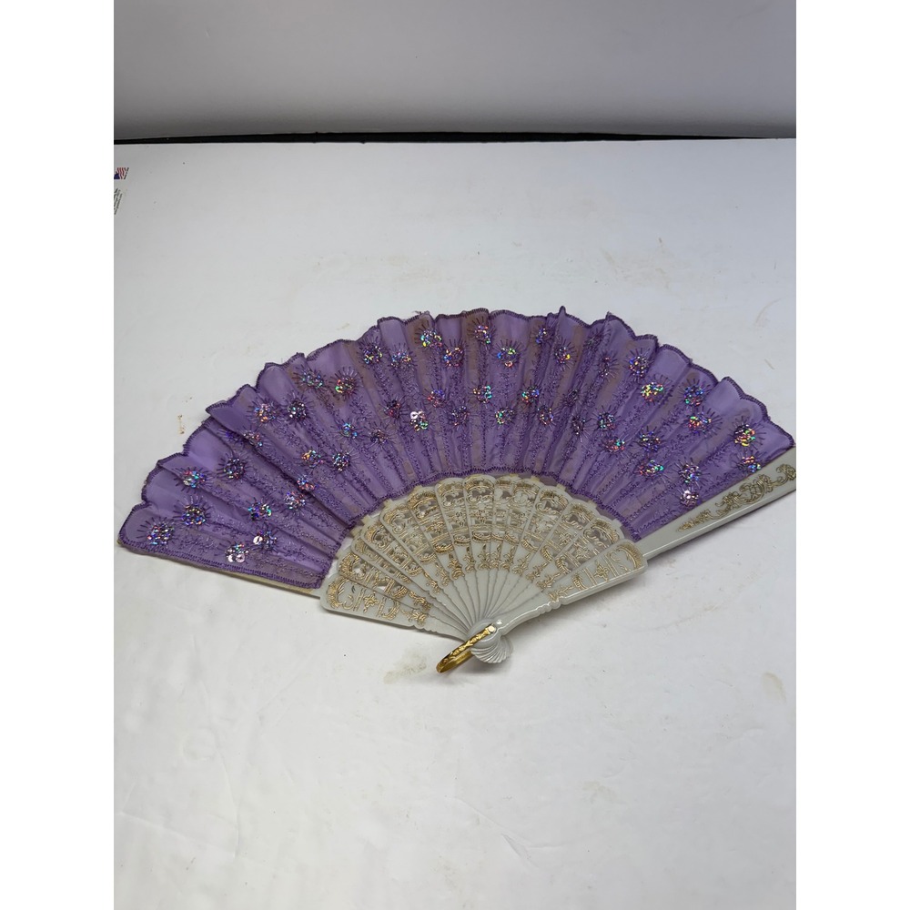 Vintage Purple Mesh Folding Hand Fan Gold Filigree Sequins Floral Embroidery